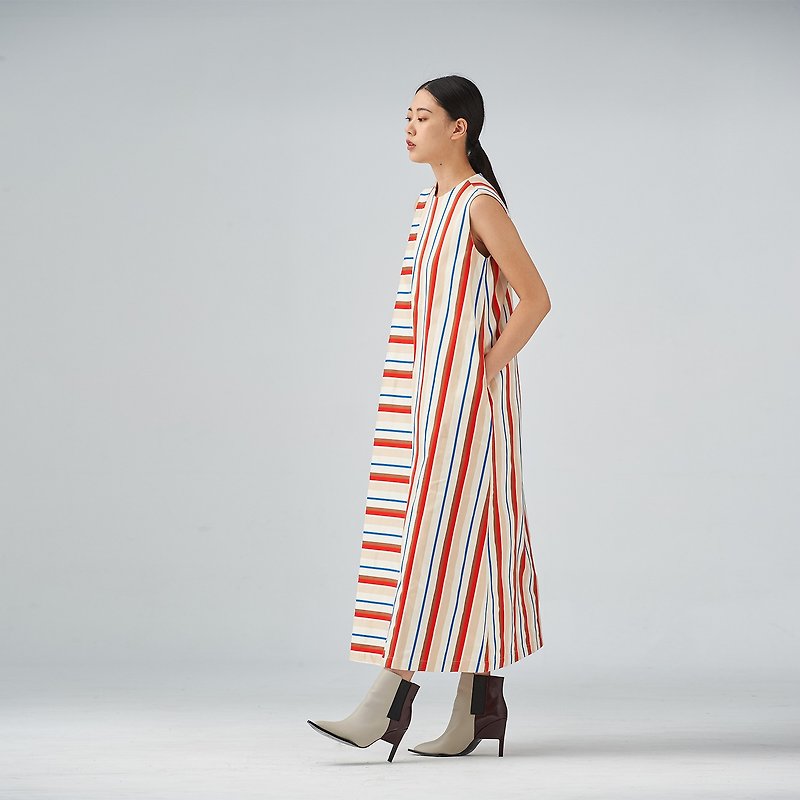 Striped cotton midi dress - ชุดเดรส - ผ้าฝ้าย/ผ้าลินิน หลากหลายสี