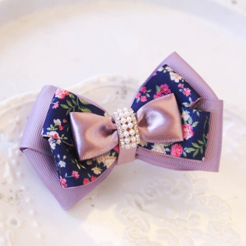 Purple flower multi-layer bow and generous clip - Hair Accessories - Cotton & Hemp Purple