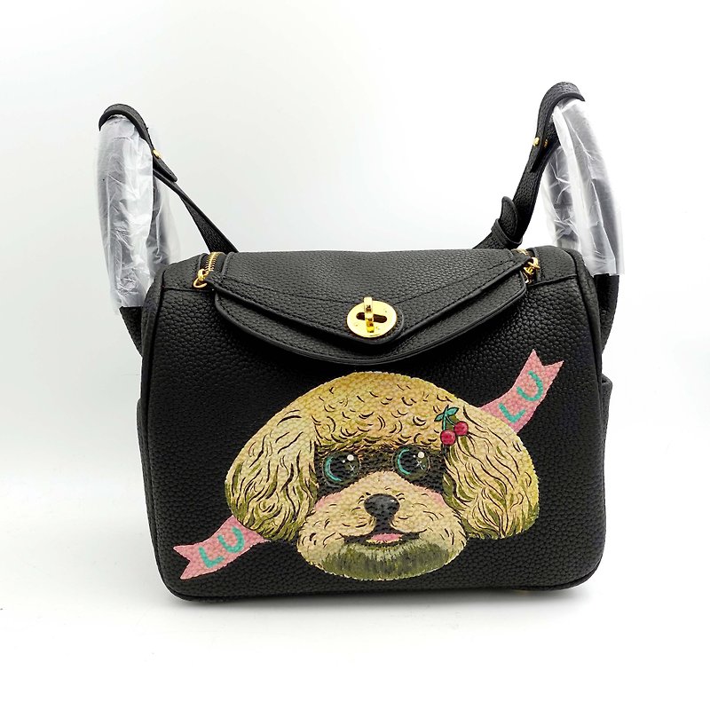 GOOKASO カスタマイズされた黒革の牛革 LINDY スタイルの手描きの子犬バッグ 26 cm ショルダー ハンドバッグ - ショルダーバッグ - 革 ブラック