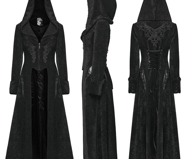 ゴシック豊穣の魔術師 フェイクレザーフード付きロングコート