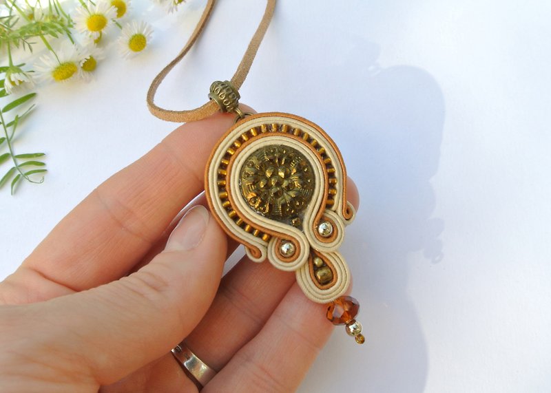 Beige gold Boho Necklace Ethnic Mandala bronze brown Embroidered Beaded Soutache - Long Necklaces - Other Materials Brown