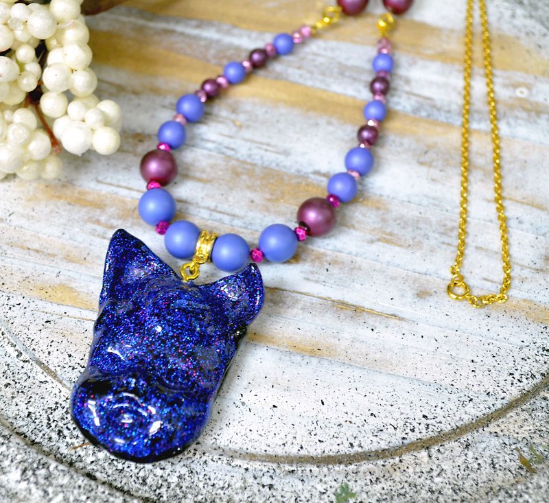 TIMBEE LO Handmade blue shiny resin cat ears doll head necklace necklace necklace shell pearl - Necklaces - Resin Blue