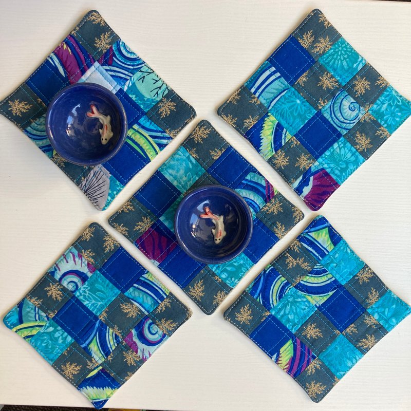 Set of coaster 5 Linen-cotton coasters set 11.5 x 11.5 cm - 杯墊 - 亞麻 藍色