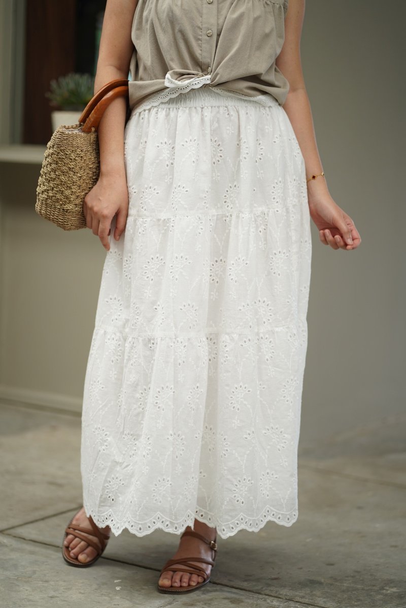 White 3-layer cotton muslin embroidered lace skirt - Skirts - Eco-Friendly Materials White