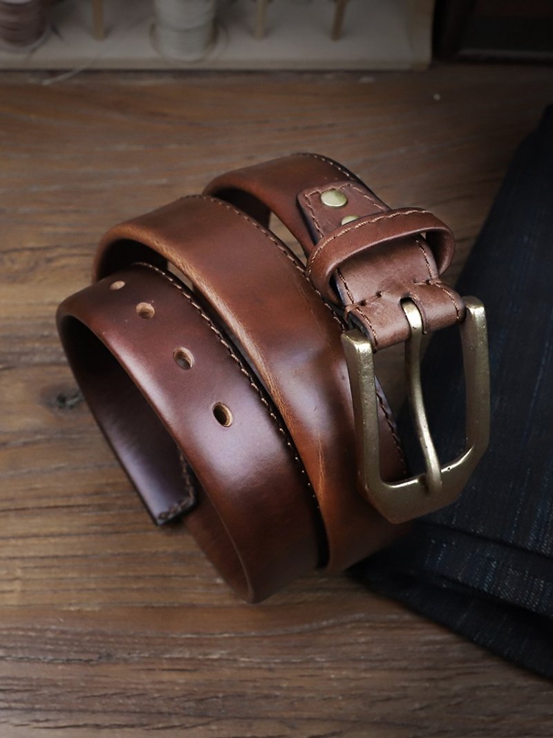 Thickened double-layer cowhide belt, Vintage Pin Buckle Leather Belts - เข็มขัด - หนังแท้ สีนำ้ตาล