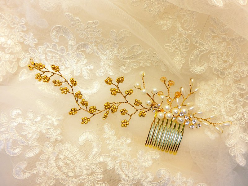 Wearing a golden adorned rice ear series - bridal hair comb French comb. Self-service wedding - flower floating - เครื่องประดับผม - โลหะ สีทอง