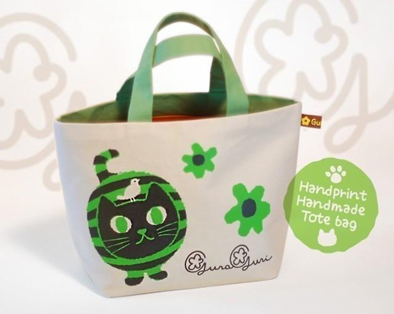 GuraGuri | Lunch Tote Bag | Green round cat - กระเป๋าถือ - ผ้าฝ้าย/ผ้าลินิน สีเขียว