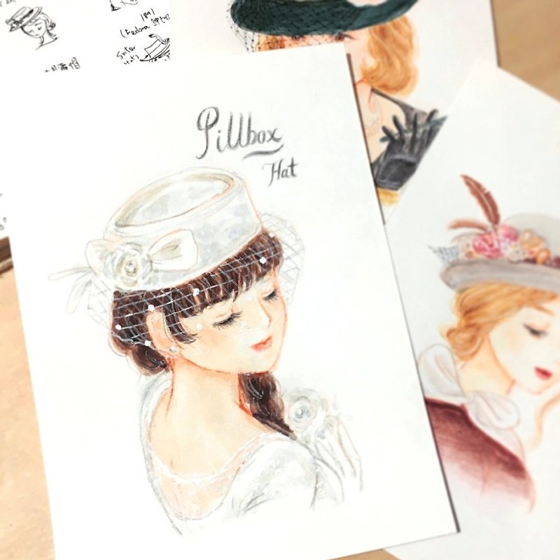 ピルボックスハット帽子ラウンドボックス/オリジナルの絵の原稿 - ポスター・絵 - 紙 ホワイト