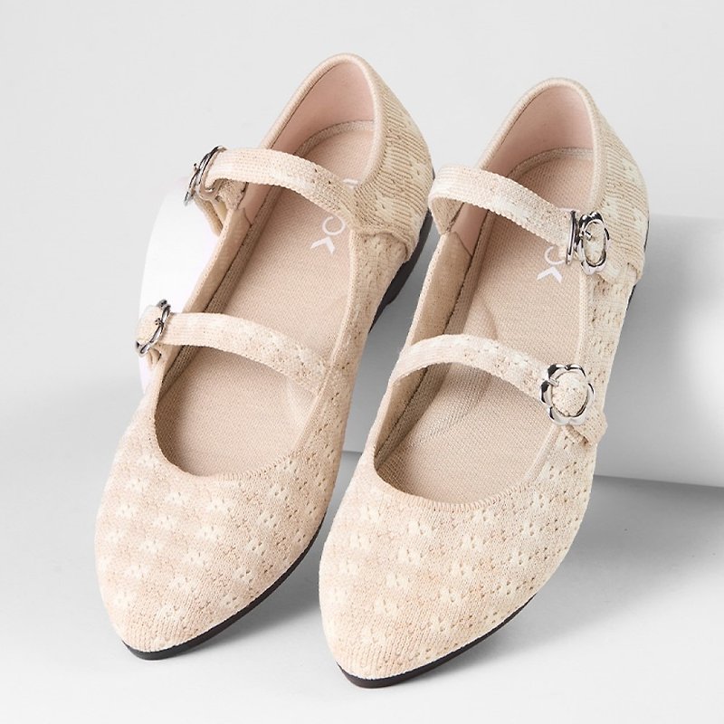 Picnic Daisy Flats Beige Gingham - รองเท้าบัลเลต์ - เส้นใยสังเคราะห์ ขาว