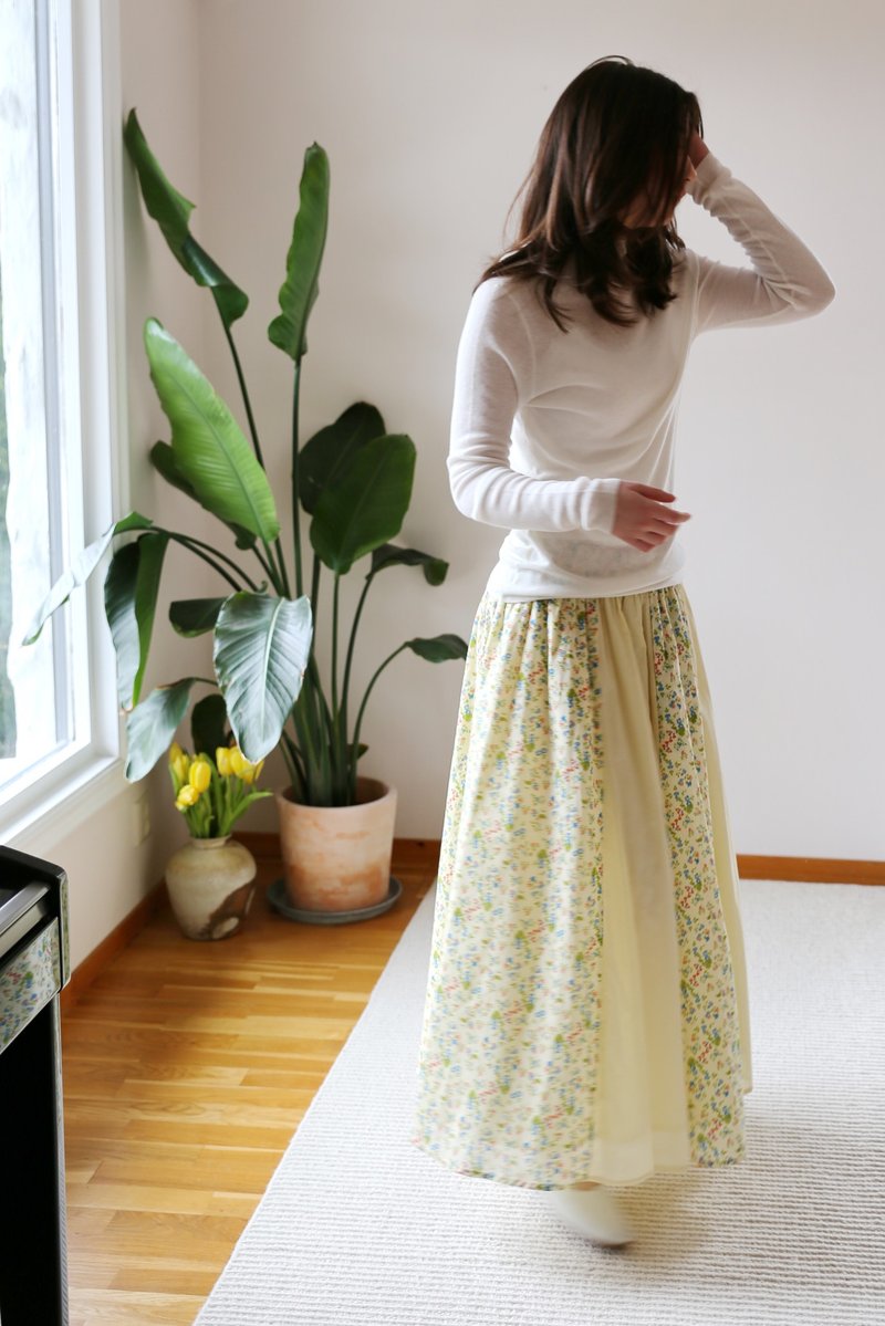 Spring Fun Nordic Pastoral Style Elastic Waist A-line Skirt Pure Cotton Floral With Side Pockets - Skirts - Cotton & Hemp Green