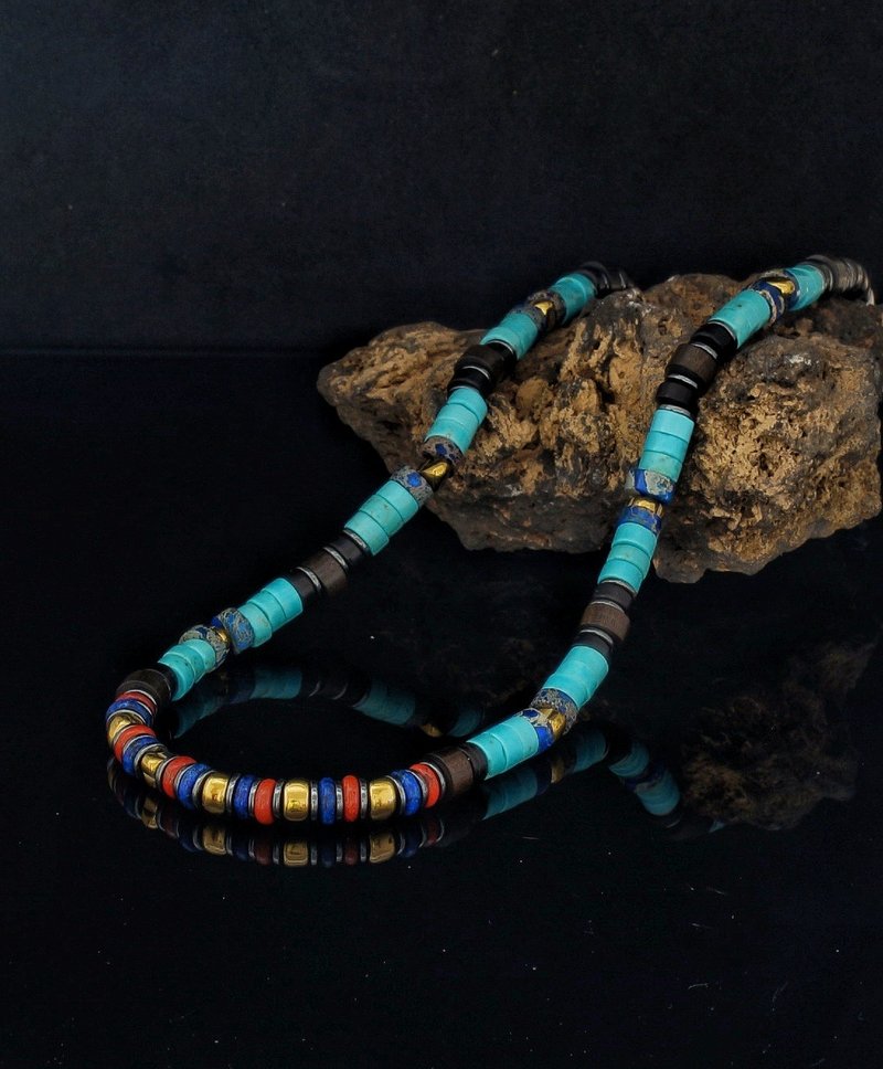 Turquoise Heishi 6mm Choker with Hematite and wood beads - Necklaces - Gemstone 