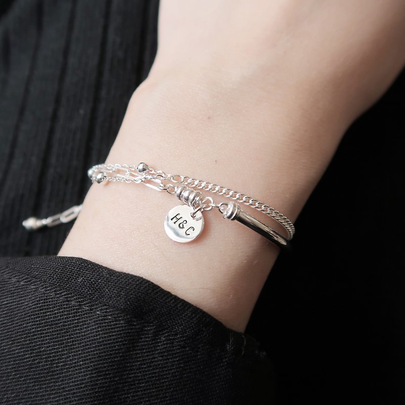 [Customized Gift] 925 Sterling Silver Smiling Crescent Half-Arc Round Plate Engraving Bracelet - สร้อยข้อมือ - เงินแท้ ขาว
