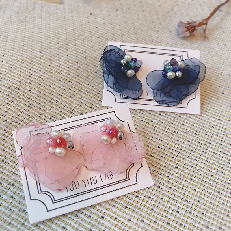 Hand-made embroidery//Qingwu flower skirt bead embroidery earrings//Can be changed to clip style - Earrings & Clip-ons - Thread Pink