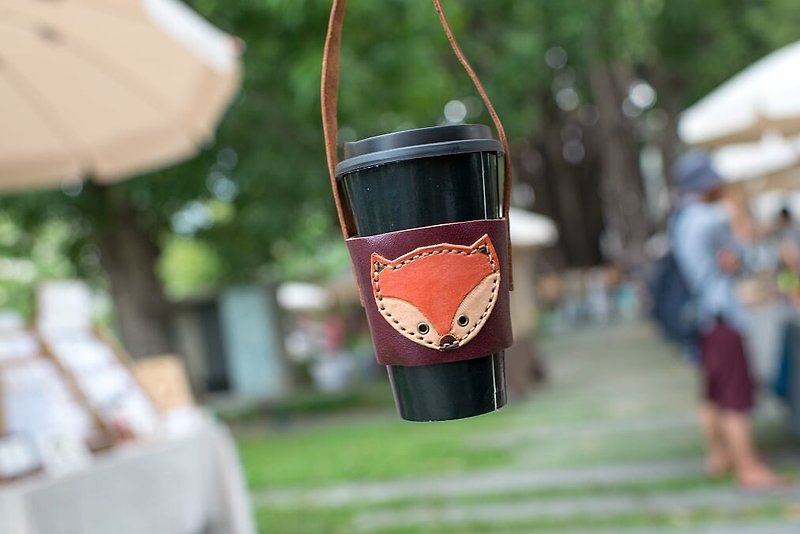 狐狸紫色 咖啡飲料環保純牛皮杯套 隨行杯 提袋 (情人、生日送禮) - 杯袋/飲料提袋 - 真皮 紫色