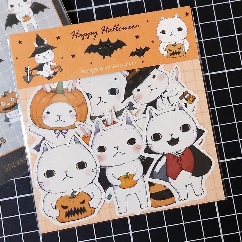 Halloween party sticker set / white rabbit, big white cat and bat (14 pieces) - Stickers - Paper 