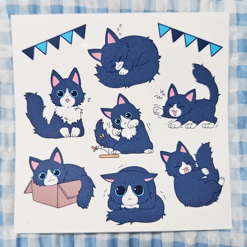 blue tuxedo cat cute animal PET sticker (ddatchi) - 貼紙 - 紙 藍色