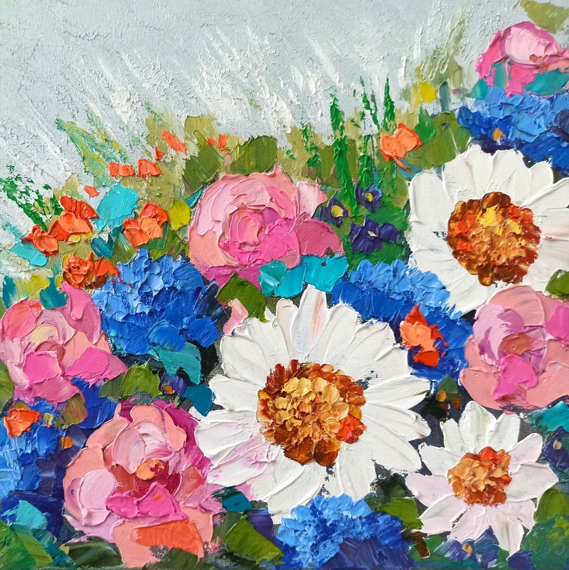 Peony and Daisies Painting Oil Painting on Canvas board Flower Original Art - 海報/掛畫/掛布 - 其他材質 粉紅色