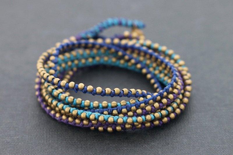 Blue Brass Stud Wrap Multi Strand Cotton Waxed Cord Bracelets Bohemian  - สร้อยข้อมือ - ผ้าฝ้าย/ผ้าลินิน สีน้ำเงิน