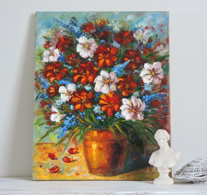 Oil painting Flowers in Pot original art on canvas home wall decoration - 壁貼/牆壁裝飾 - 其他材質 多色