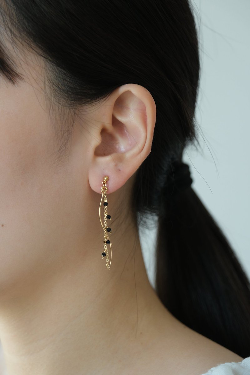 Romantic black Stone long earrings Clip-On can be changed │ 14kgf - Earrings & Clip-ons - Semi-Precious Stones Black