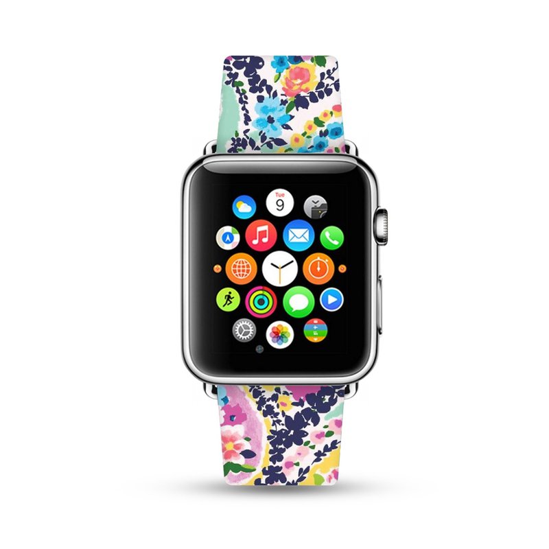 Watercolor flower floral leather Apple Watch Band 38 40 42 44 mm Series 5 4 019 - สายนาฬิกา - หนังแท้ สึชมพู