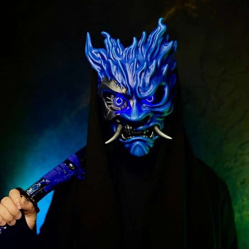Blue Cyberpunk Mask Oni, Cyberpunk 2077 mask, Samurai mask, Japanese Oni Mask - 口罩/口罩收納套 - 樹脂 藍色