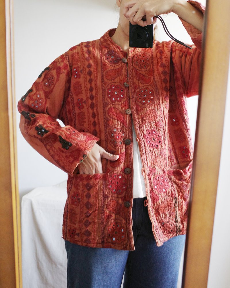 Vintage Indian Hippie Hand Embroidered Paved Cotton Jacket - เสื้อโค้ทผู้ชาย - ผ้าฝ้าย/ผ้าลินิน 