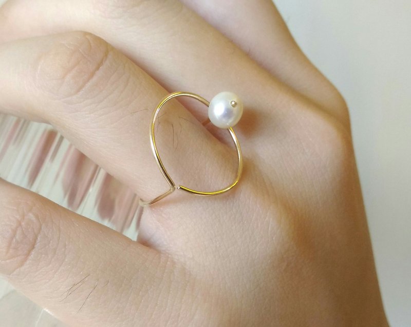 Light accessories, line light series dual loop 14K gold and natural pearls, gentle personality ring - General Rings - Other Metals White