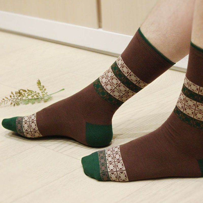 Printing thick stockings / old tiles No. 1 / steady gray-green - ถุงเท้า - ผ้าฝ้าย/ผ้าลินิน 