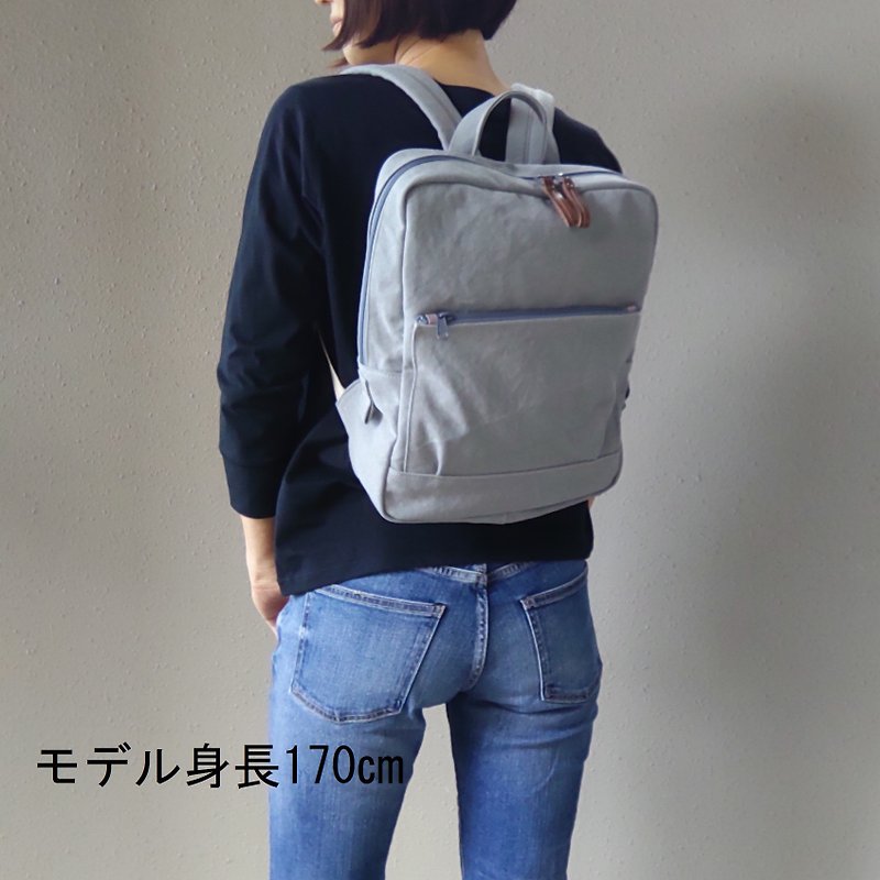 Handmade Japanese canvas backpack / square shape / Gray/Msize - Backpacks - Cotton & Hemp Gray
