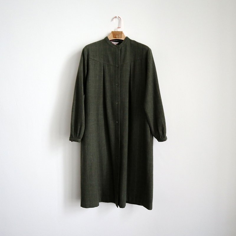 Pumpkin Vintage. Ancient round neck dark green plaid wool coat coat - เสื้อแจ็คเก็ต - ขนแกะ สีเขียว