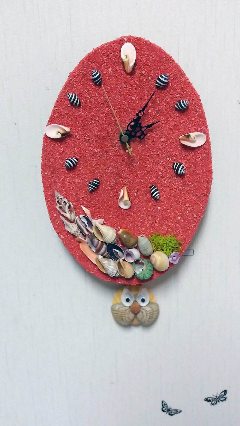 Hand made shell clock - red / owl swing - นาฬิกา - ไม้ สีแดง