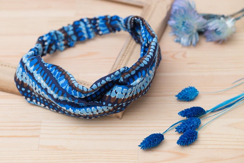 渲染波紋 手作彈性鬆緊交叉髮帶 - 髮飾 - 紙 藍色