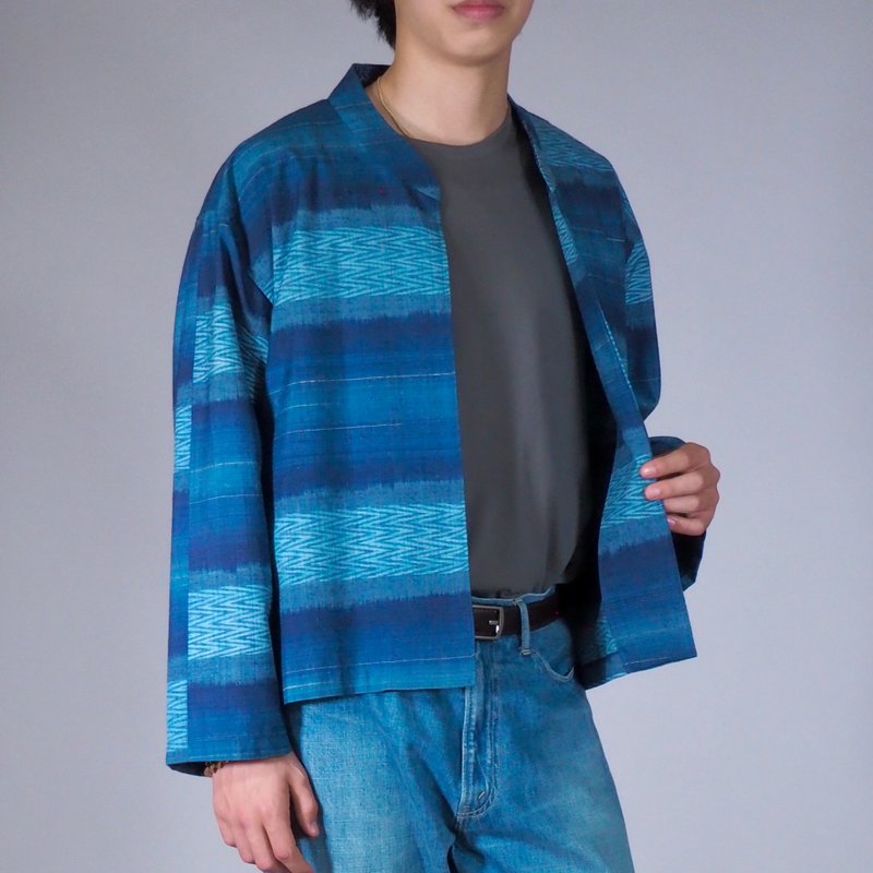 【日本製造】復古和服翻拍、長袖襯衫男、淺夾克、藍色 - 帽T/大學T - 絲．絹 藍色