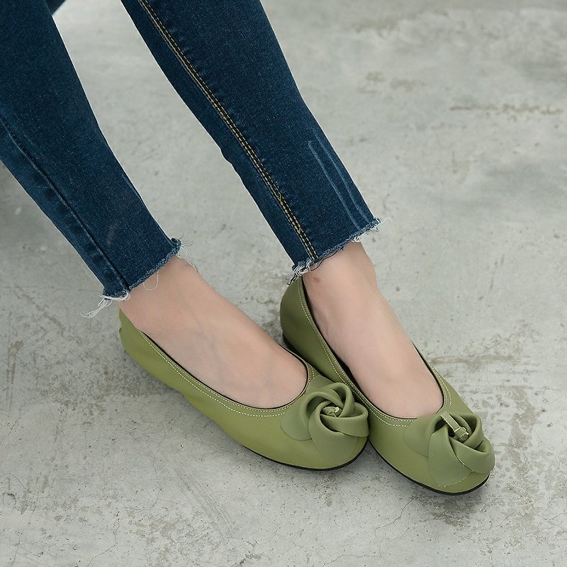 Maffeo 娃娃鞋 芭蕾舞鞋 日式玫瑰真皮束口娃娃鞋(1234綠) - 芭蕾舞鞋/平底鞋 - 真皮 綠色