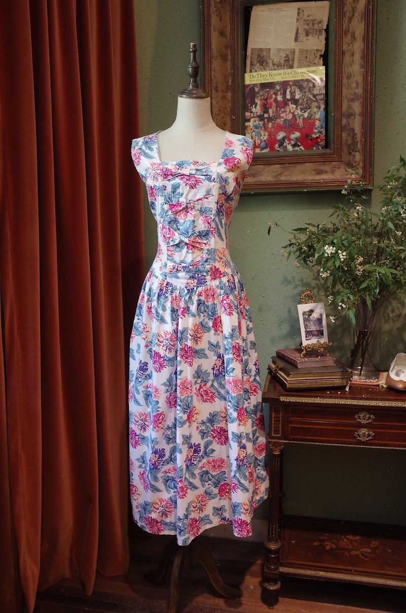 vintage dress printed bowknot dress - ชุดเดรส - ผ้าฝ้าย/ผ้าลินิน 