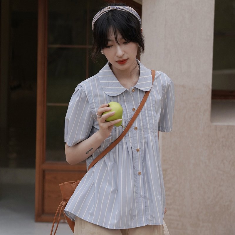 藍條紋娃娃領襯衫|襯衫|夏款|Sora-987 - 女襯衫 - 其他人造纖維 藍色