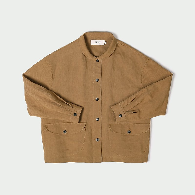 Yellow dead leaf pocket cotton short coat - เสื้อแจ็คเก็ต - ผ้าฝ้าย/ผ้าลินิน สีกากี
