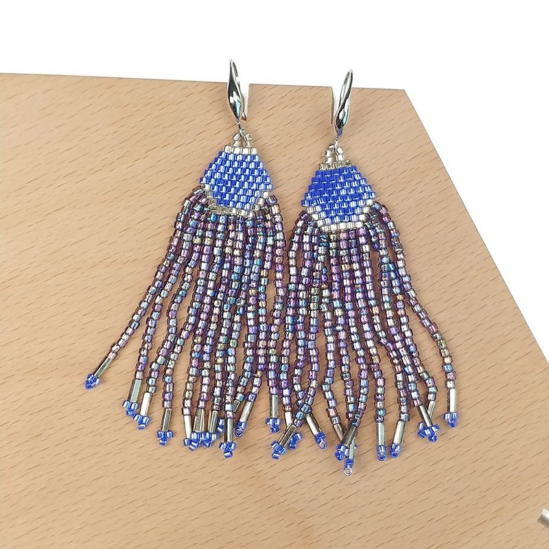 Violet-Blue Waterfall Beaded Tassel Earrings - ต่างหู - วัสดุอื่นๆ สีน้ำเงิน