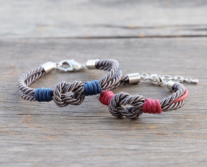SET OF 2/Couple His & Her love knot bracelet in charcoal color red navy cord - สร้อยข้อมือ - วัสดุอื่นๆ สีเทา