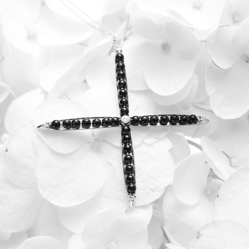縞瑪瑙純銀十字架項鍊 黑色個性項鍊 925鎖骨鍊 黑瑪瑙誕生石飾品 - 鎖骨鍊 - 半寶石 黑色