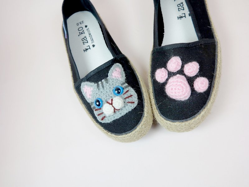 Black cotton hand-made canvas shoes Gray tabby cat braided section models - รองเท้าลำลองผู้หญิง - ผ้าฝ้าย/ผ้าลินิน สีเทา