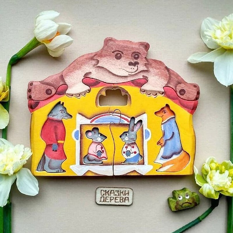 【嚴選禮物】淳木童話俄羅斯積木 立體拼圖系列 :熊與木屋 - 嬰幼兒玩具/毛公仔 - 木頭 紅色