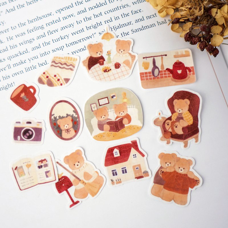 熊熊與兩人小屋和紙散裝貼紙【可重複黏貼撕下】 - 貼紙 - 紙 