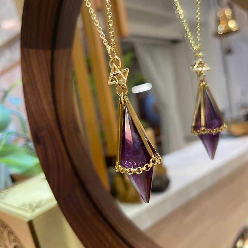 【Sacred Bonding】Amethyst Pendulum Necklace / Brass Necklace / Merkaba - Necklaces - Other Metals Purple