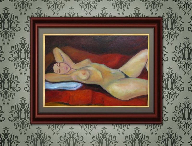 Modigliani style nude woman oil painting large size home wall decoration - 牆貼/牆身裝飾 - 其他材質 多色