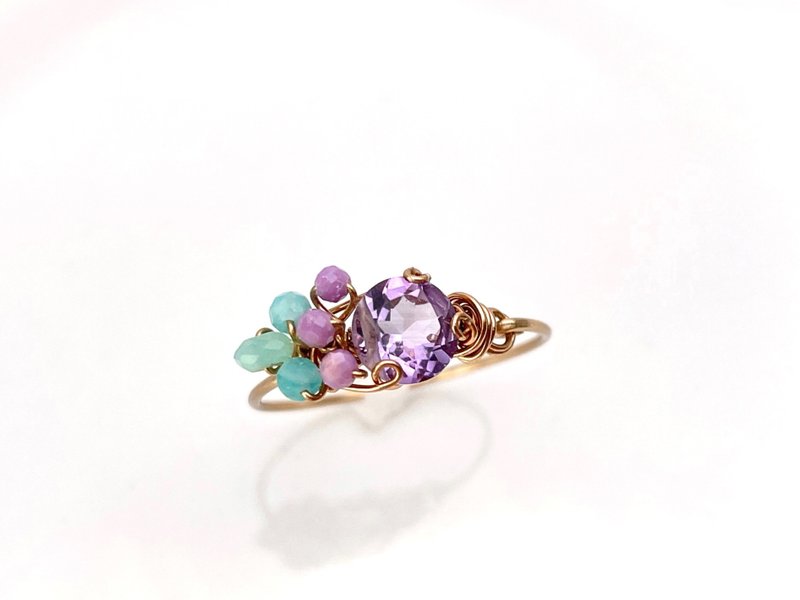 Marie's garden - Amethyst and 3 kinds of natural stone wire ring - แหวนทั่วไป - เครื่องเพชรพลอย สีม่วง