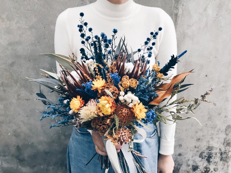 Dry Flower Bouquet! [Poseidon-Poseidon] Bouquet Wedding Dry Flower Bouquet L - ช่อดอกไม้แห้ง - พืช/ดอกไม้ สีน้ำเงิน