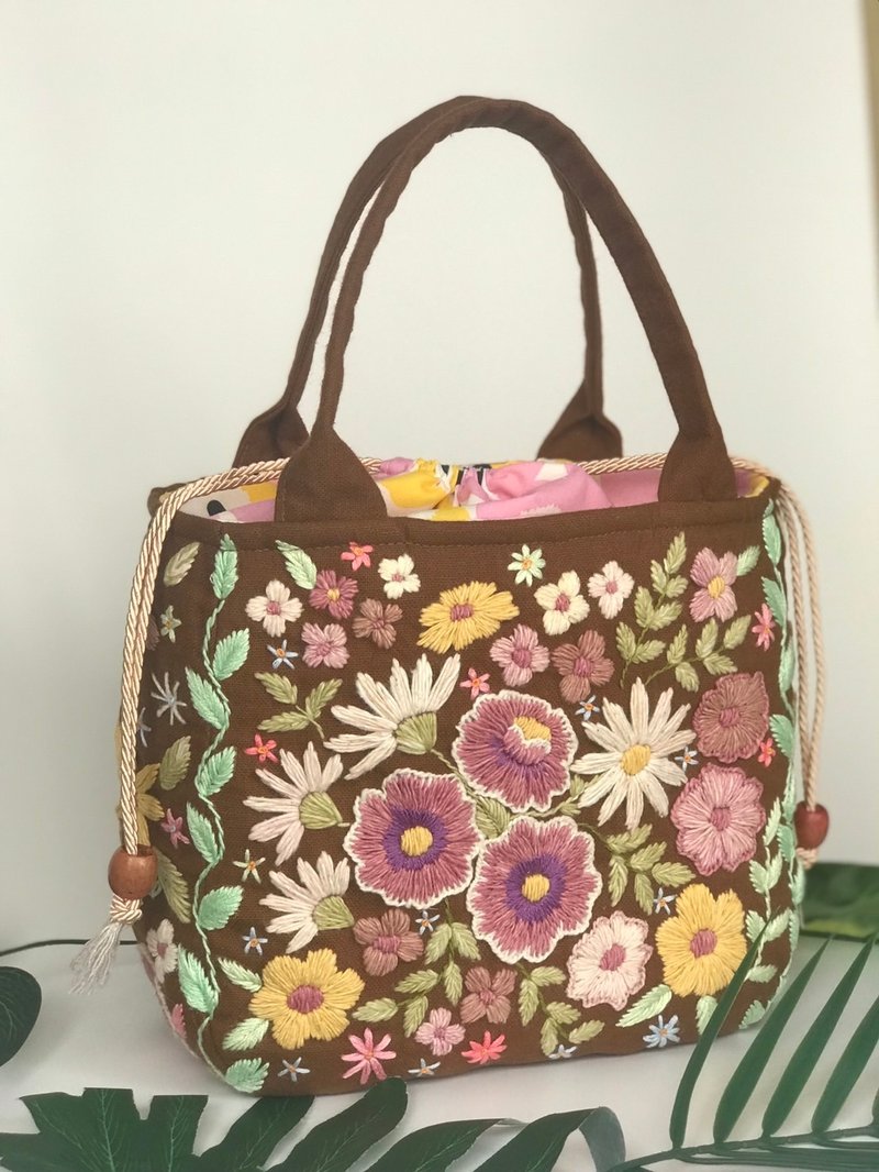 Brown Thai cotton drawstring bag with embroidered flower lover - Handbags & Totes - Cotton & Hemp 