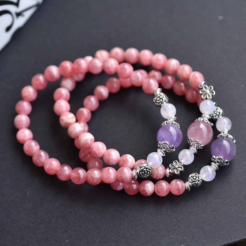 Purple jade + Madao powder crystal + moonstone + rhodochrosite sterling silver flower bracelet - Bracelets - Gemstone Pink